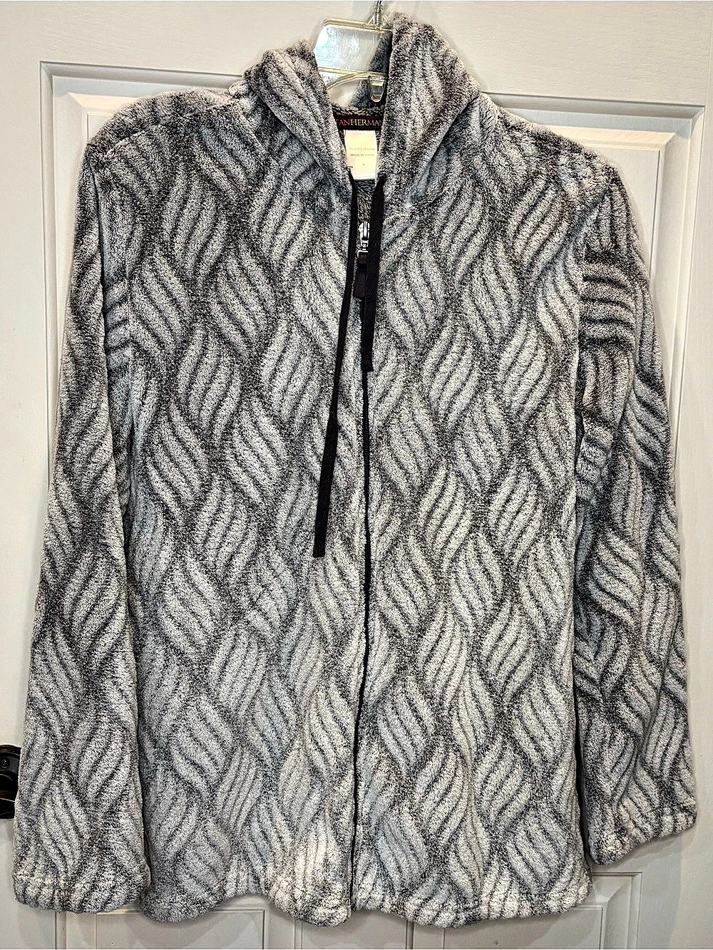 Stan Herman Women's L Gray Geometric Plush Fleece Jacket Full Zip Hooded